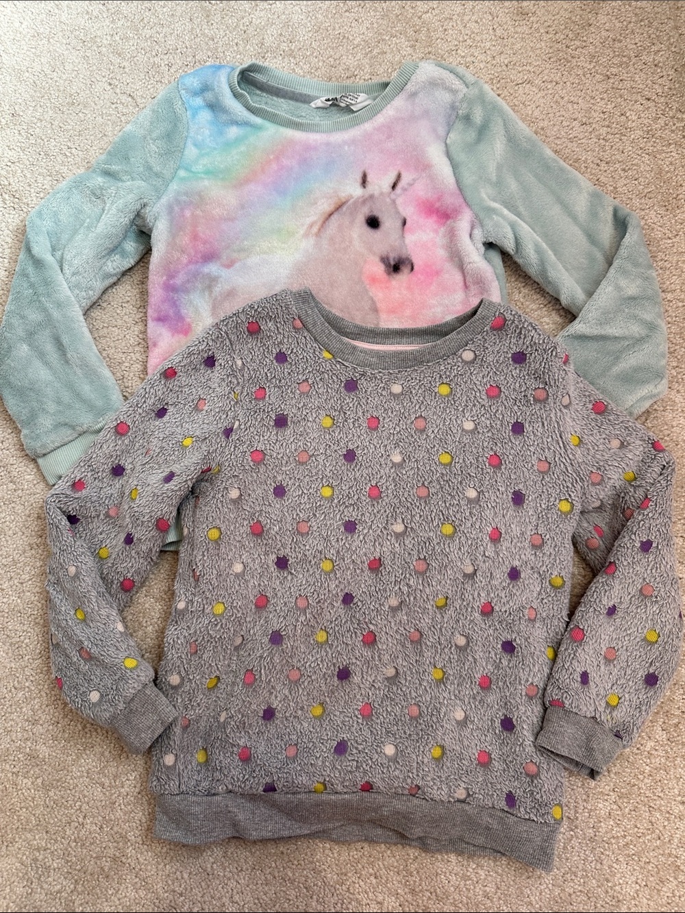 Two Plush Sweatshirts w/Polka Dots and Unicorn (sz 4-6)